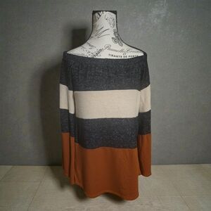 Elegant Off-Shoulder Striped Sweater - Black, Cream, and Brown
